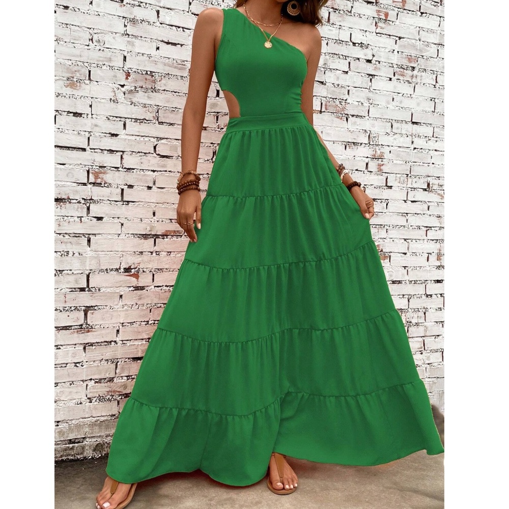 Vibrant One Shoulder Tie Back Stretchy Waist Maxi Dress - Picture 2 of 11